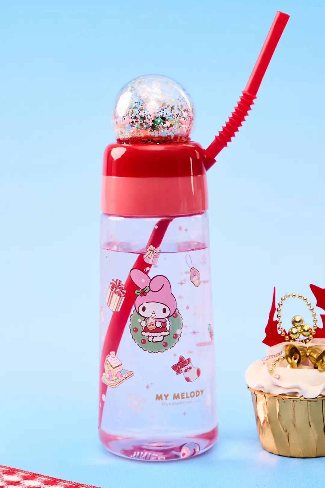 Sanrio Lisanslı My Melody Yılbaşı Koleksiyonu Pipetli ve Kristal Küreli Şişe – Eğlenceli Pembe Matara