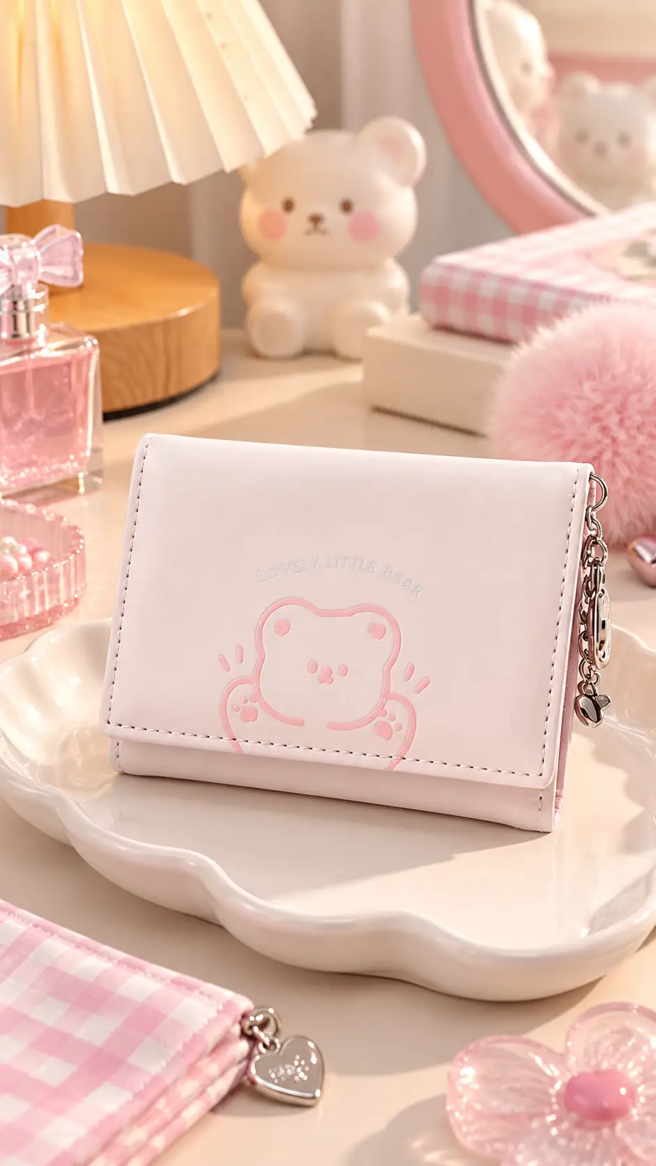 Miniso Lisanslı Küçük Ayı Serisi Üç Bölmeli Kadın Cüzdanı (Pembe) – Fonksiyonel Kartlık Ve Bozuk Para Cüzdanı 11 Cm