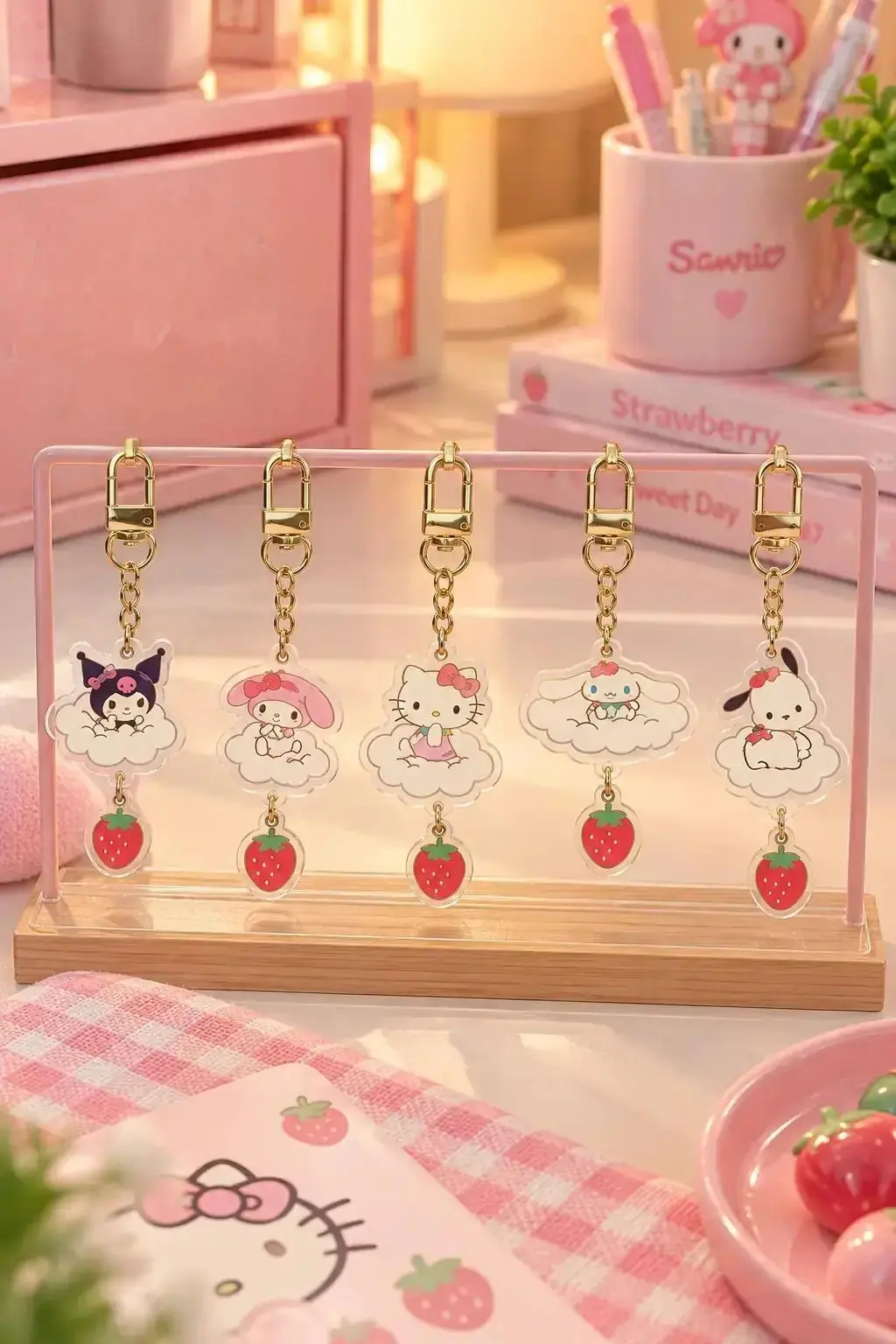 Sanrio Lisanslı Çilek Serisi Akrilik Anahtarlık - Karakter Figürlü ve Çinko Alaşım Çanta Aksesuarı