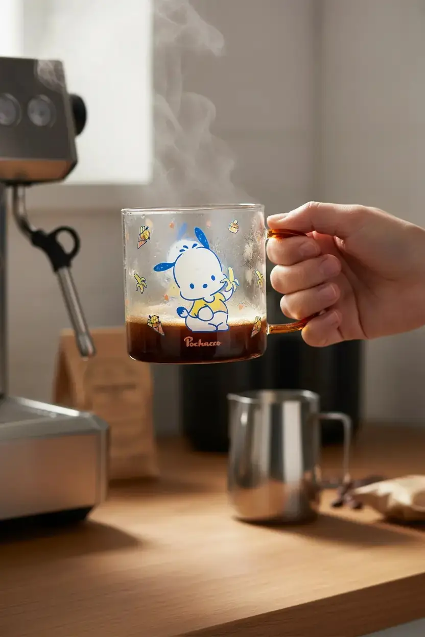 Sanrio Lisanslı Pochacco Cam Bardak 420 Ml – Renkli Saplı Şeffaf Tasarım