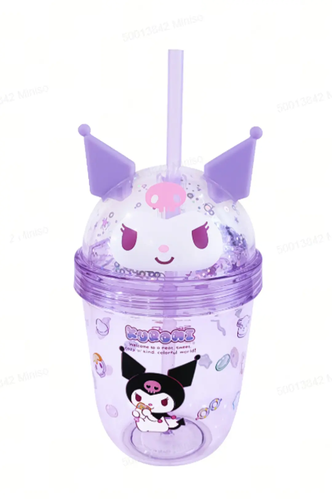 Sanrio Lisanslı Kuromi Tatlı Fabrikası Serisi Kulak Detaylı Pipetli Su Şişesi 435 ml
