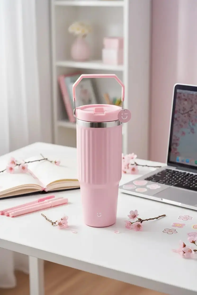 Miniso Lisanslı Sakura Pink Çelik Matara 900 mL – Tutamaklı Tasarım
