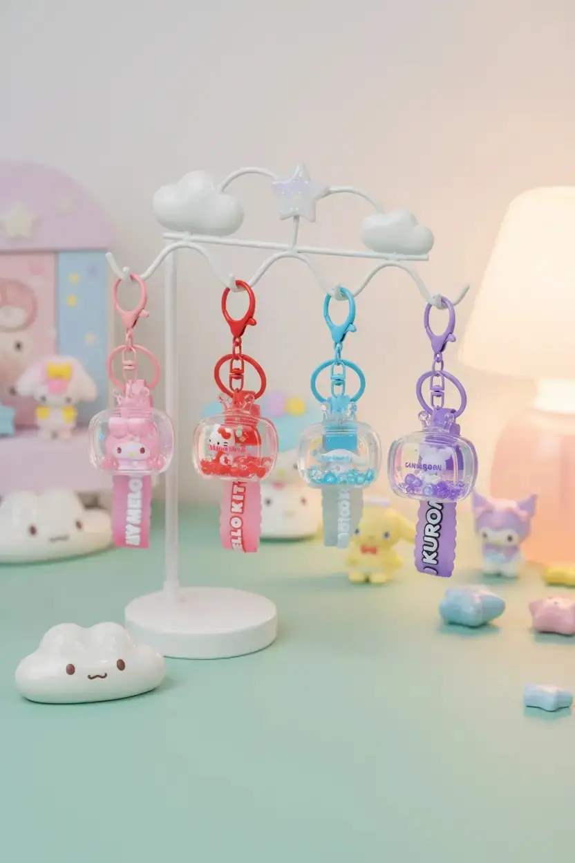 Sanrio Lisanslı Televizyon Figürlü Sulu Anahtarlık - Retro Tasarım Hareketli Simli Çanta Aksesuarı