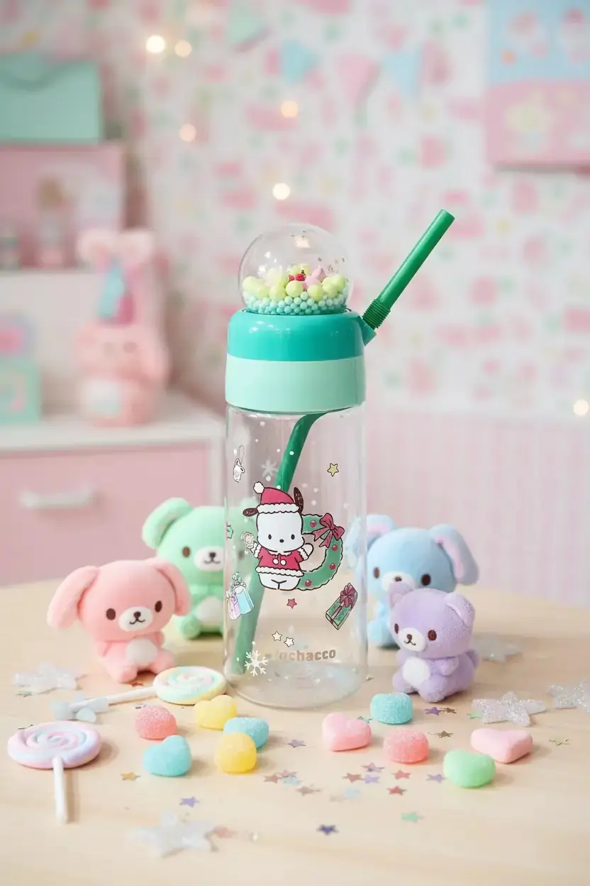 Sanrio Lisanslı Yılbaşı Koleksiyonu Pipetli ve Kristal Küreli Şişe – Eğlenceli Detaylı PETG Matara
