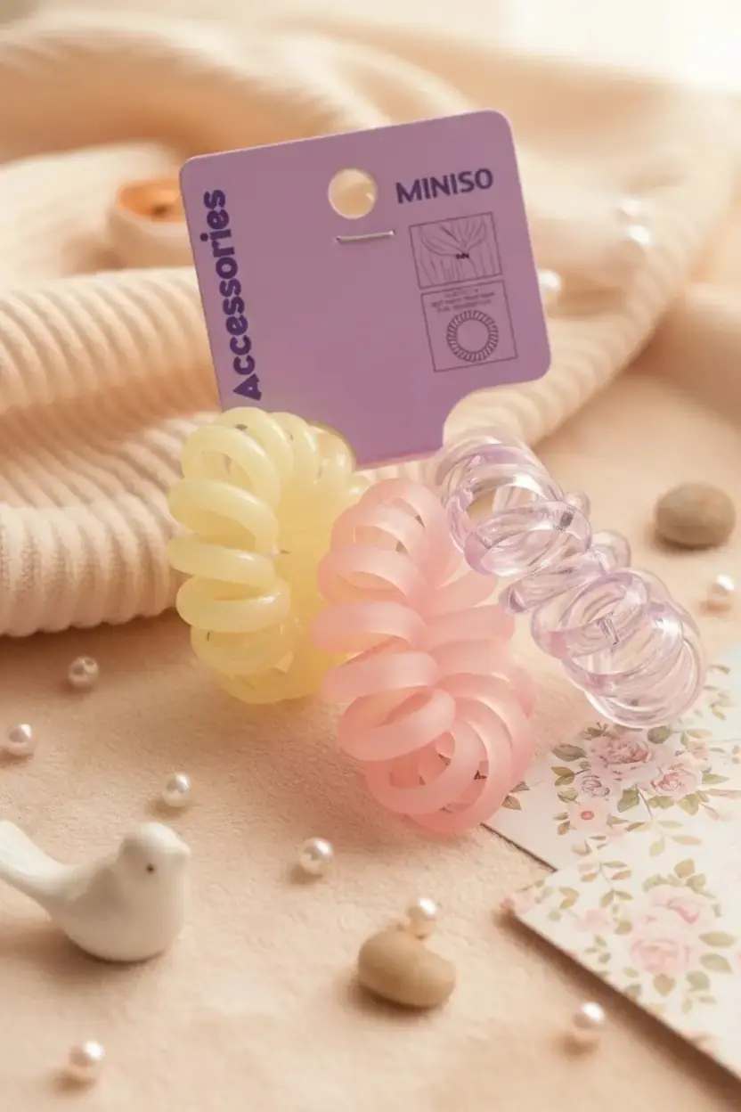 Miniso Lisanslı Renkli Spiral Saç Lastiği Seti 3'lü – Saçta İz Bırakmayan Esnek Silikon Toka Seti