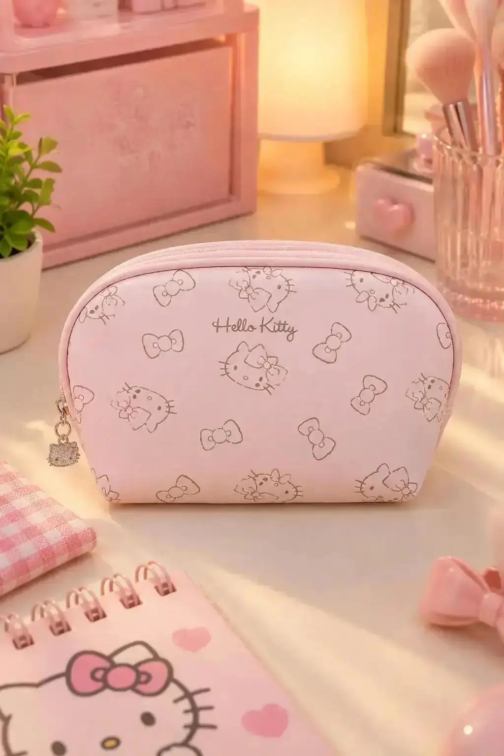 Sanrio Lisanslı Hello Kitty Kabuklu Makyaj Çantası Pembe – 20 Cm