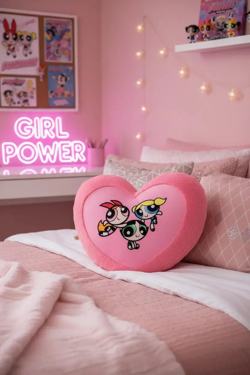 Powerpuff Girls Lisanslı Dekoratif Yastık Kalp Şekilli Yumuşak Dokulu 40 Cm
