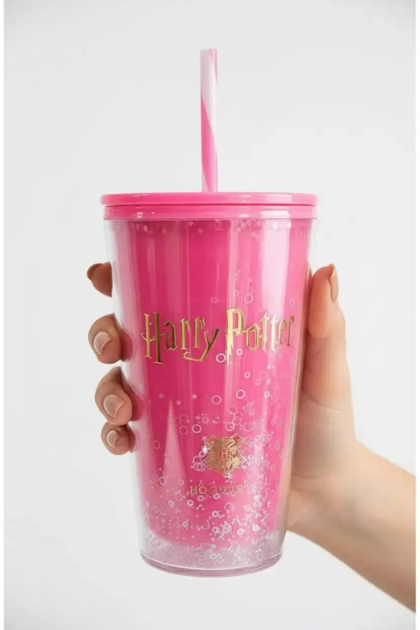Harry Potter Lisanslı Pipetli Plastik Şişe – 600ml Sızdırmaz Pembe Tasarımlı Pipetli Matara