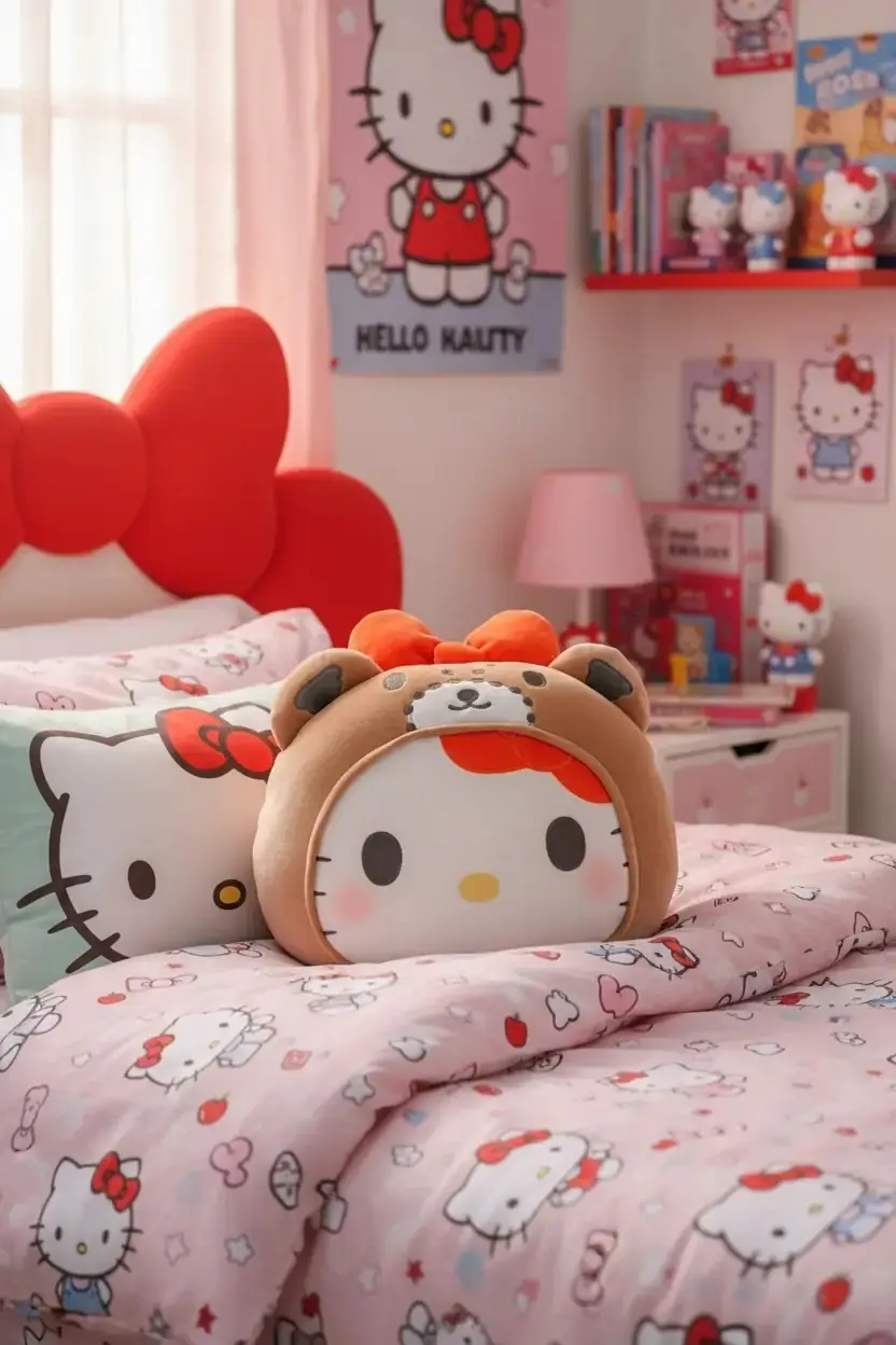 Sanrio Lisanslı Hello Kitty Ayıcık Kostümlü Yastık Battaniye – 2’si 1 Arada Peluş Figürlü ve %100 Polyester Yumuşak Dokulu Taşınabilir Seyahat Battaniyesi