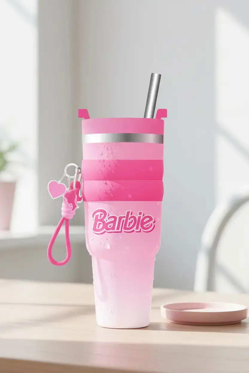 Barbie Lisanslı Çift Cidarlı Tutacaklı Pipetli Termos – Paslanmaz Çelik Isı Yalıtımlı Sıcak ve Soğuk Su Matarası 900 ML 24,8 Cm
