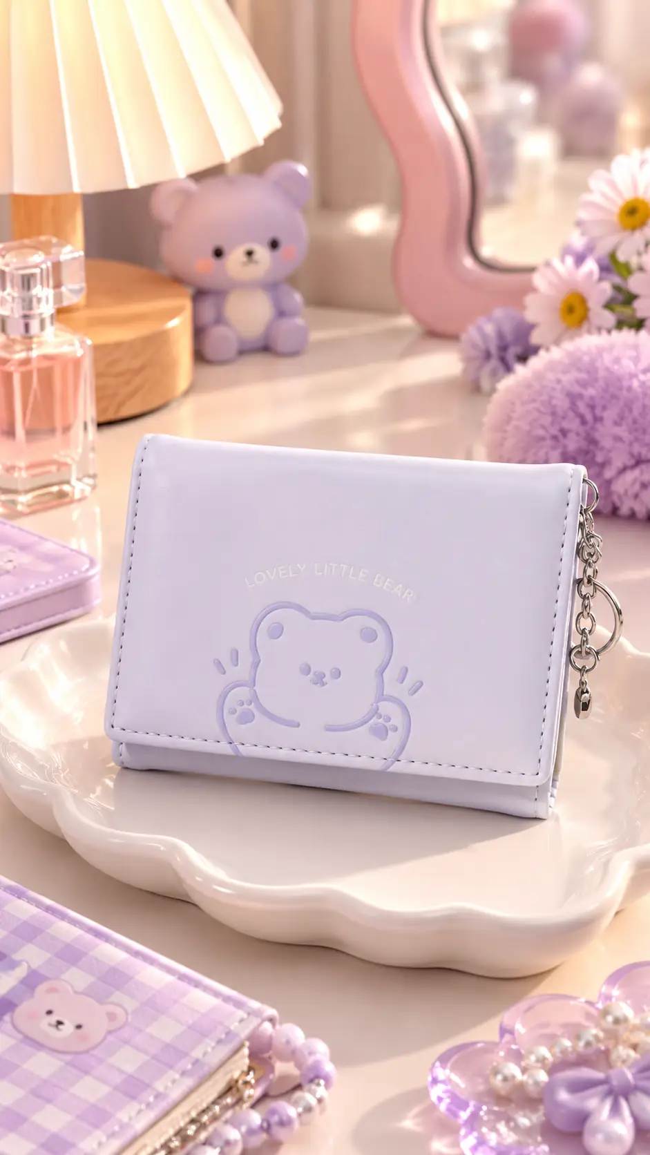 Miniso Lisanslı Küçük Ayı Serisi Üç Bölmeli Kadın Cüzdanı (Mor) – Fonksiyonel Kartlık Ve Bozuk Para Cüzdanı 11 Cm