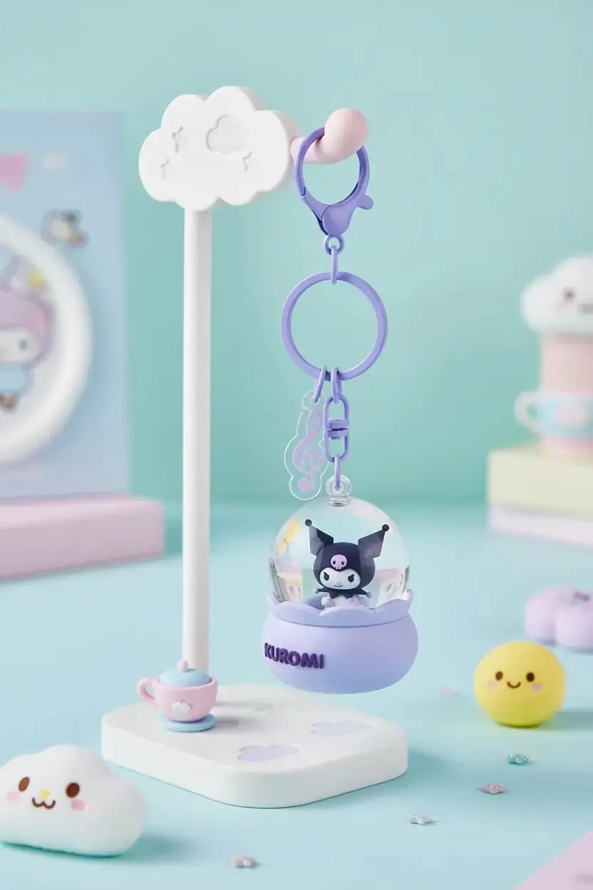 Sanrio Lisanslı Kuromi Kristal Top Sulu Anahtarlık - Hareketli Figürlü ve Mistik Tasarım Çanta Süsü