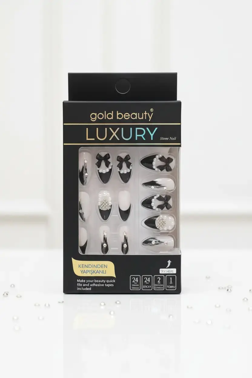 Gold Beauty Taşlı Takma Tırnak – Kendinden Yapışkanlı ve Zarif Detaylı Pratik Set