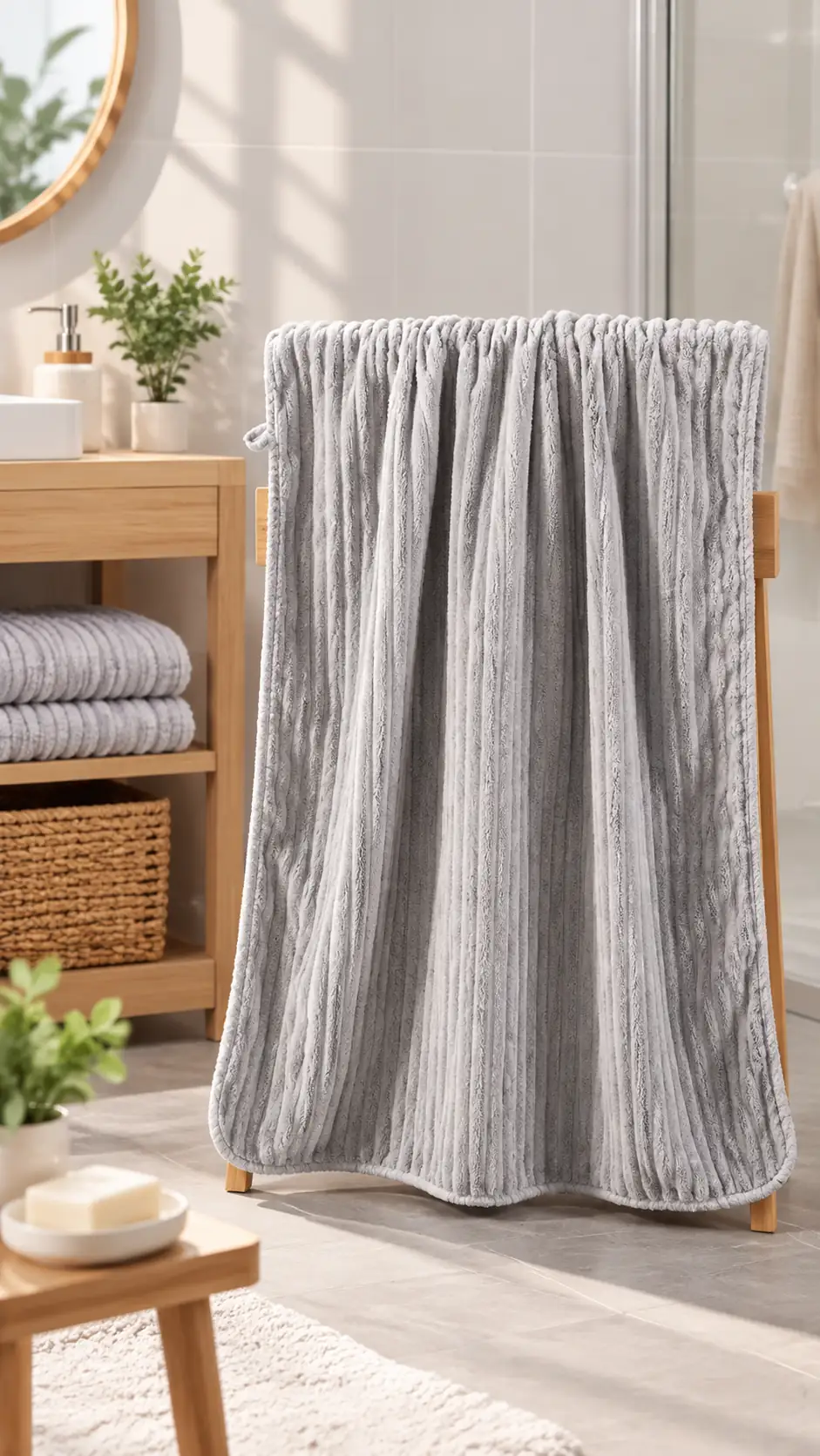 Miniso Lisanslı Dalgalı Mercan Polar Banyo Havlusu 140 x 70 cm – Gri Yumuşak Tasarım