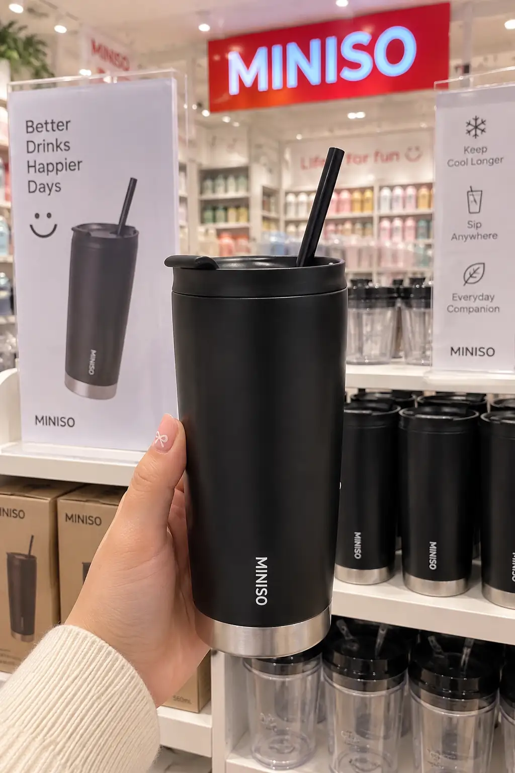 Miniso Lisanslı Kahve Serisi Pipetli Çelik Bardak Siyah 560 Ml – Çift Cidarlı