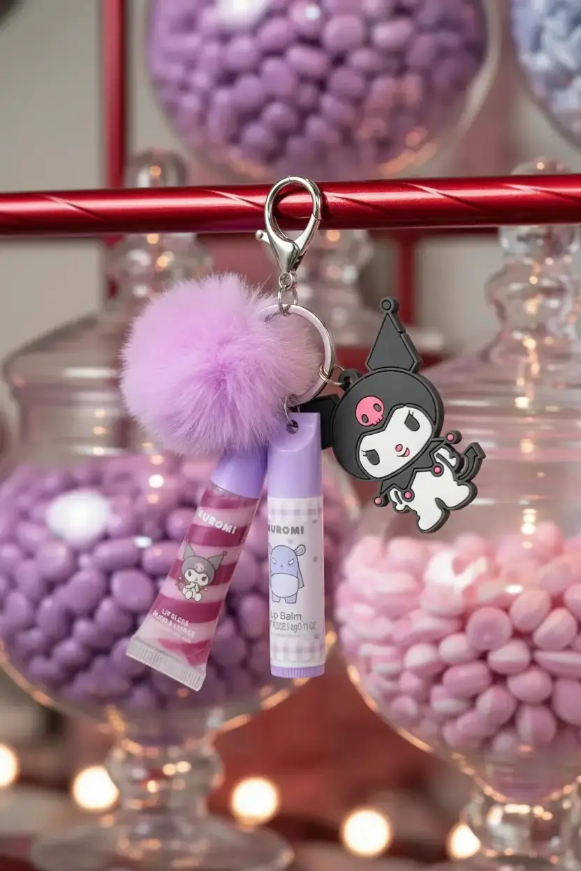 Sanrio Lisanslı Ponpon Anahtarlıklı Dudak Bakım Seti - Kuromi