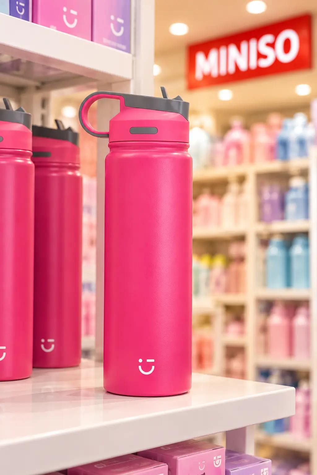 Miniso Lisanslı Klasik Tasarım Pipetli Çelik Suluk 900 ml – Sızdırmaz Kapaklı Pembe