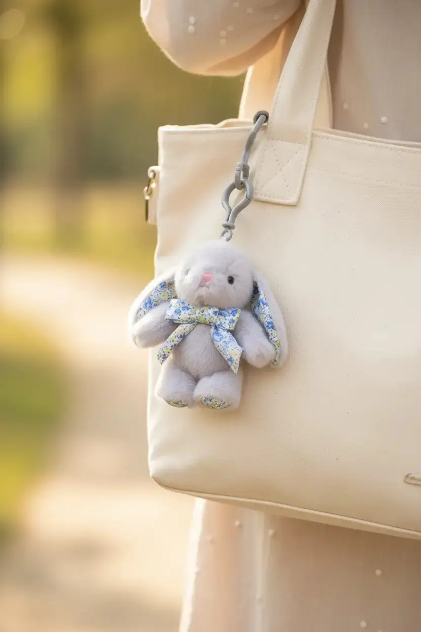Miniso Lisanslı Fiyonklu Tavşan 6 İnç Peluş Askı Süsü Gri – Çiçek Desenli Model