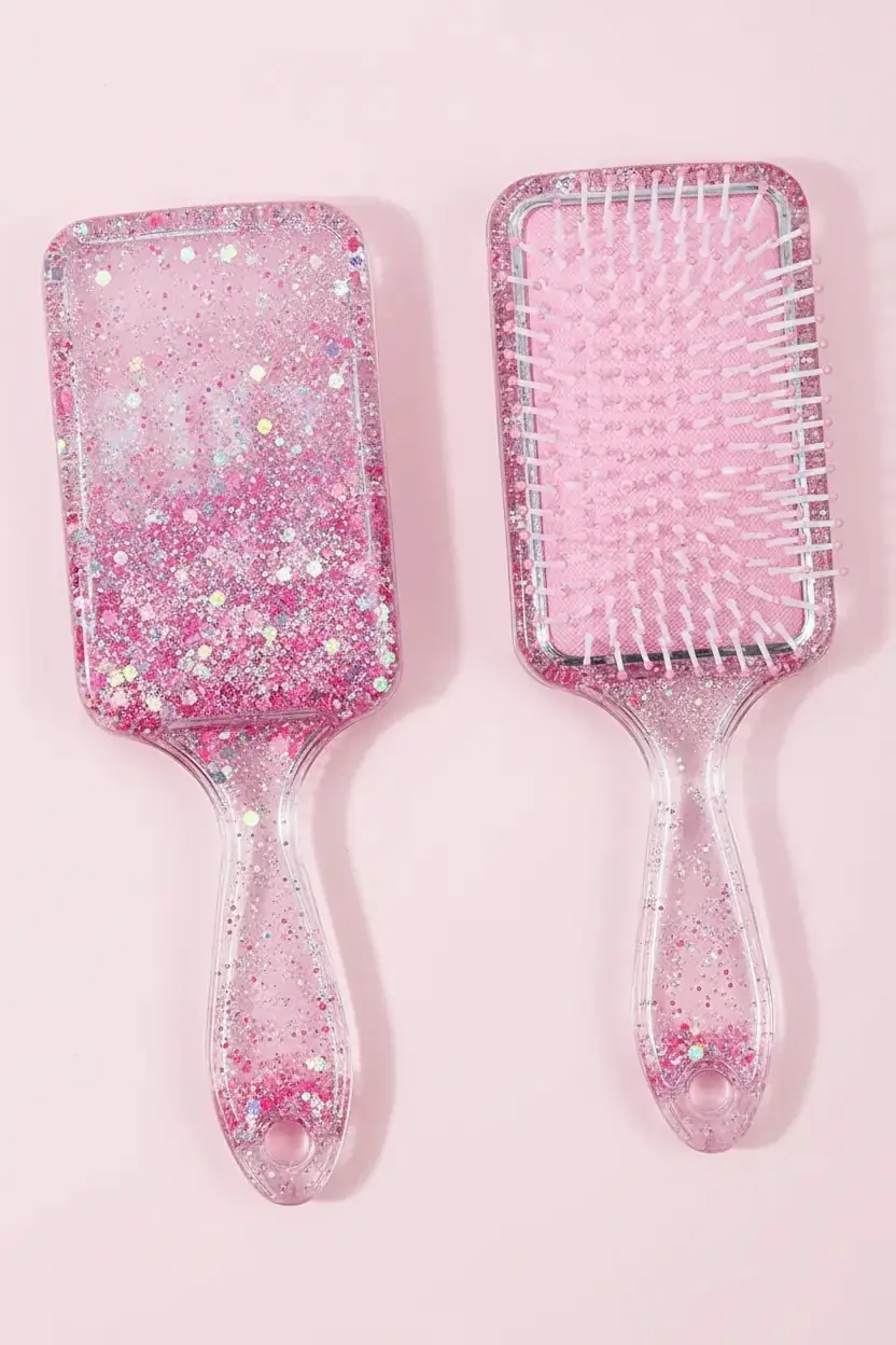 Miniso Lisanslı Sim Dolgulu Kare Saç Fırçası – Işıltılı ve Kolay Tarama Sağlayan Pembe Saç Fırçası 22 Cm