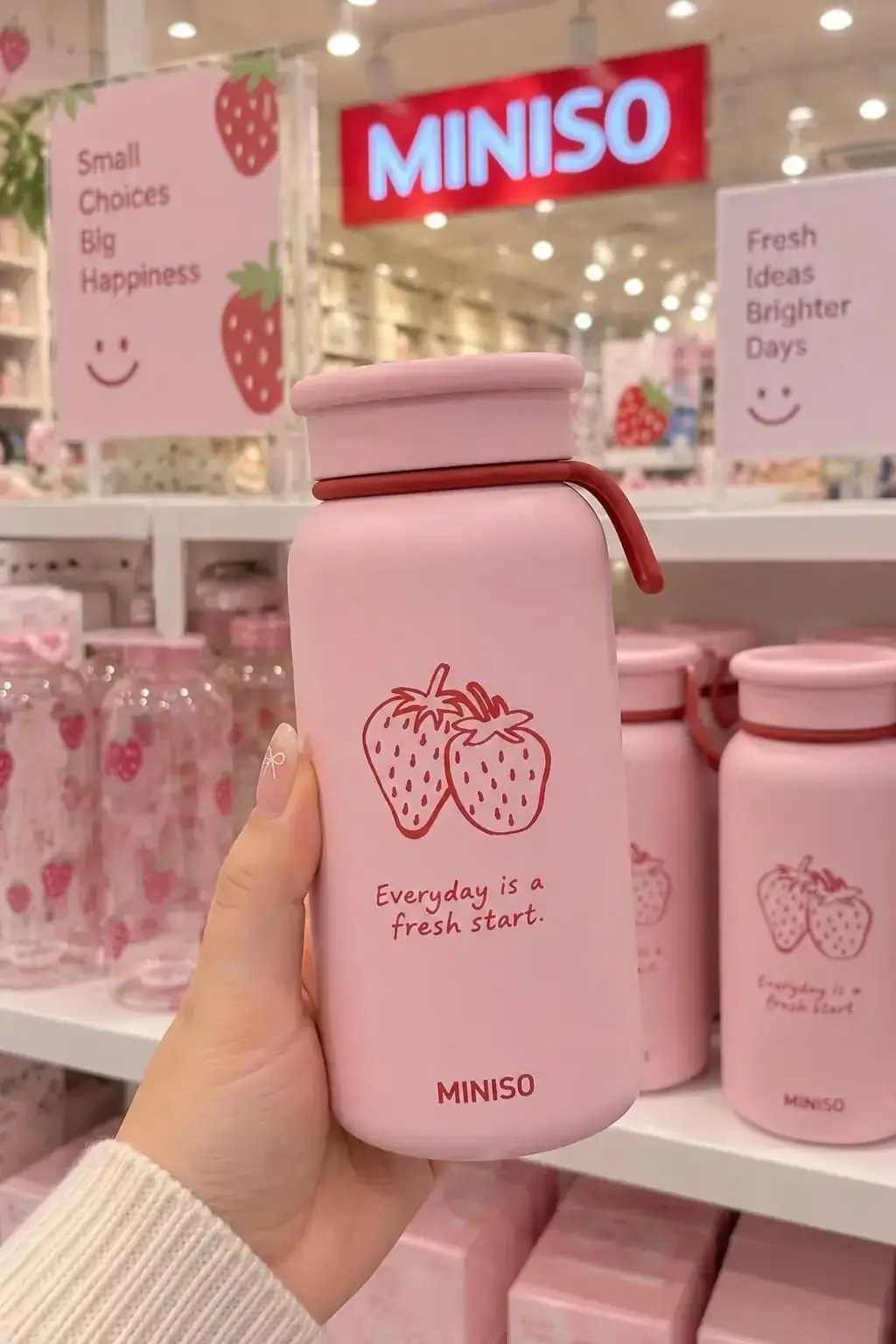 Miniso Lisanslı Çilek Serisi Askılı Çift Cidarlı Termos 400 Ml