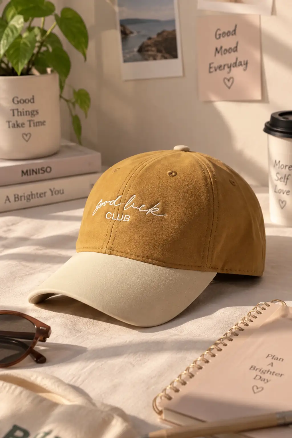 Good Vibes Club Nakışlı Süet Taba Kep – Ayarlanabilir Arka Bantlı