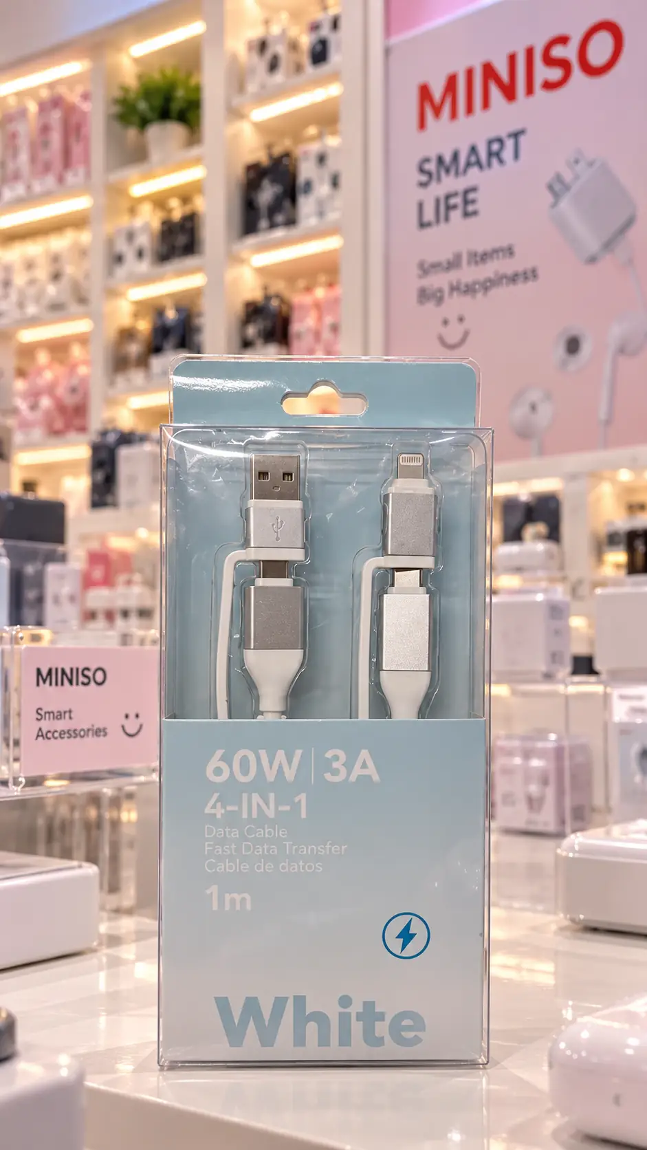 Miniso Lisanslı Macaron Serisi 4'ü 1 Arada Hızlı Şarj Veri Kablosu – 3A Beyaz