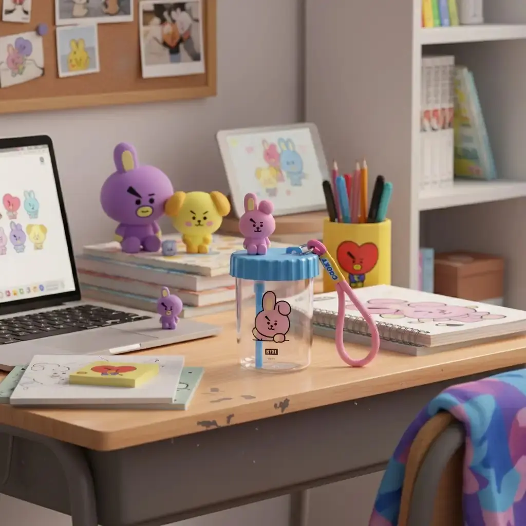 BT21 Lisanslı Cooky Süslemeli ve Askılı Plastik Pipetli Şişe 520 ML 18,8 Cm