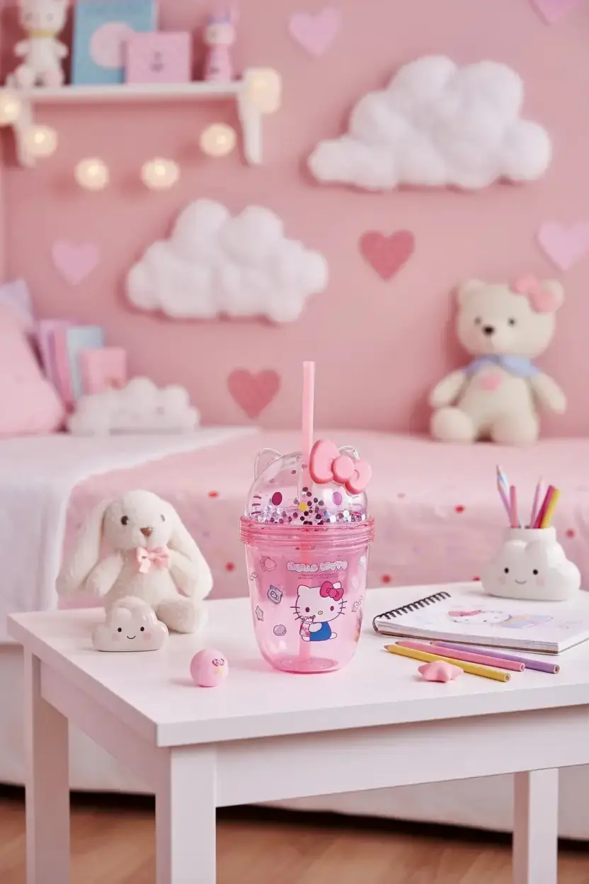 Sanrio Lisanslı Hello Kitty Tatlı Fabrikası Serisi Plastik Şişe Pipetli ve Süslemeli 435 mL