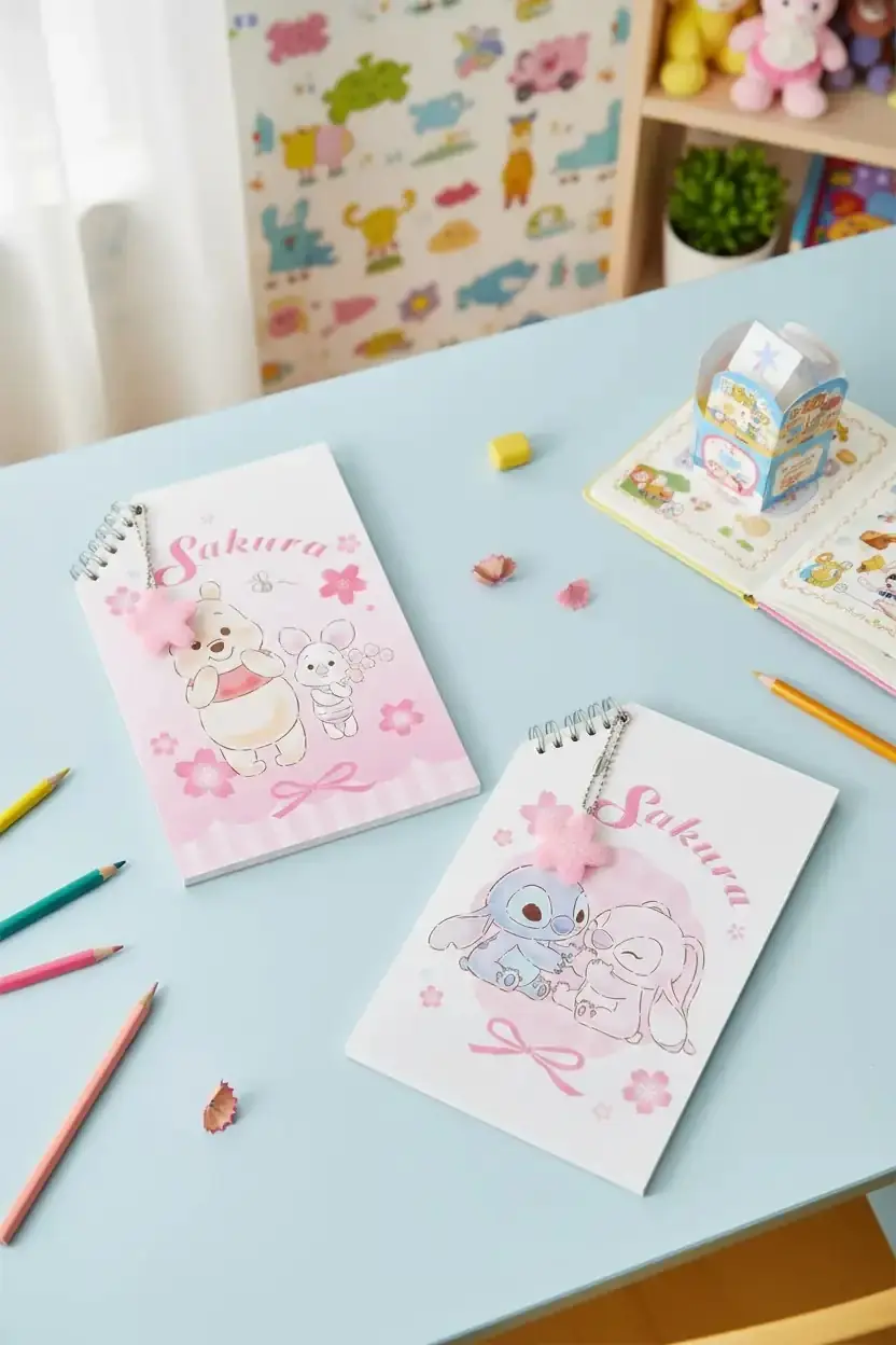 Disney Lisanslı Sakura Sezonu Stitch ve Angel Tel Ciltli 50 Sayfa Spiral Defter