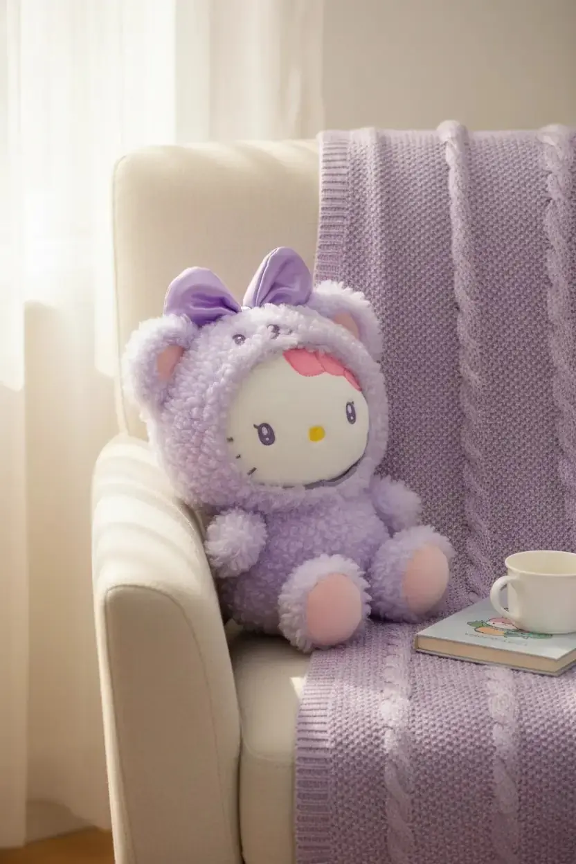 Hello Kitty Lisanslı Oturan Peluş Oyuncak 25 cm – Mor, Yumuşak ve Koleksiyonluk