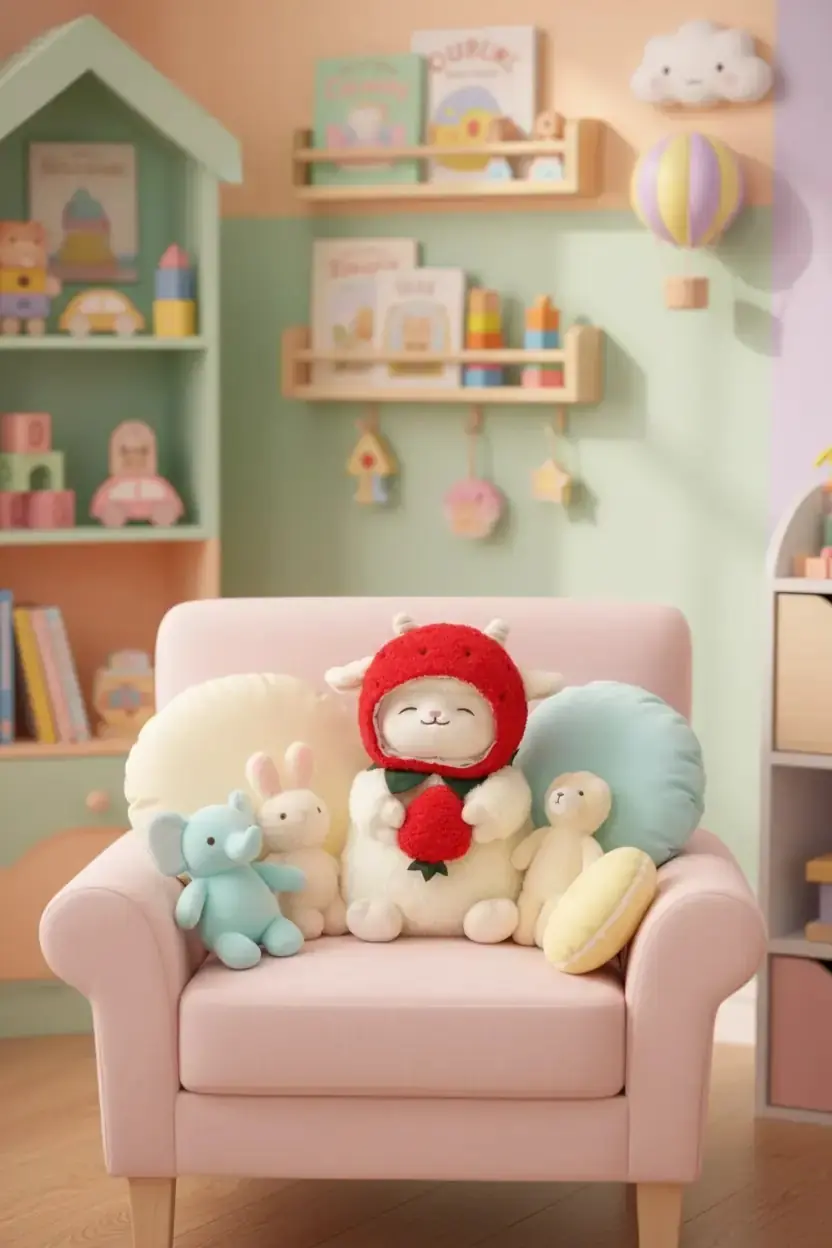Miniso Lisanslı Kuzu Baa Serisi Çilek Şapkalı Peluş Oyuncak 25 Cm – Yumuşacık Dekoratif Tasarım