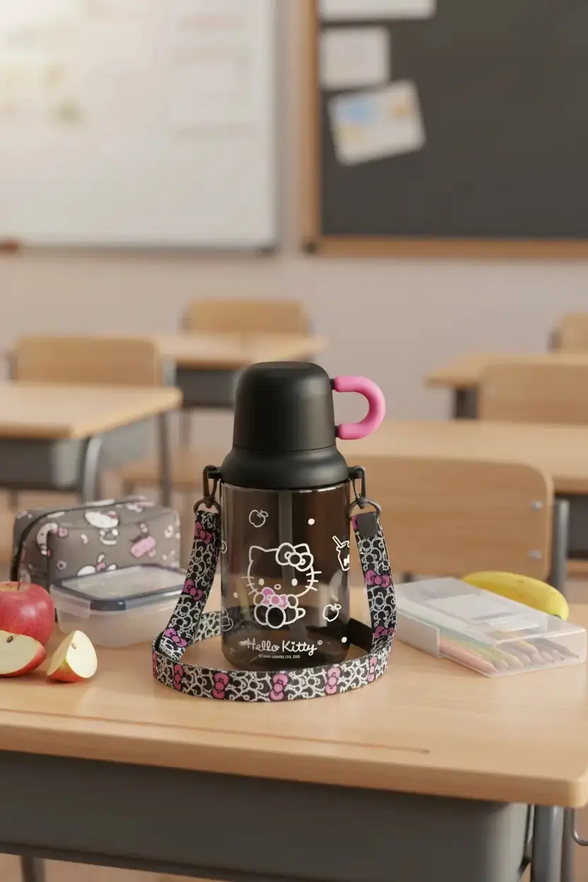 Hello Kitty Siyah Beyaz Serisi Askılı Plastik Matara (680 mL