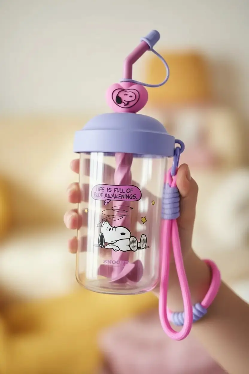 Snoopy Lisanslı Renkli Serisi Pipetli Su Kabı – 690 Ml – Askılı Tasarım