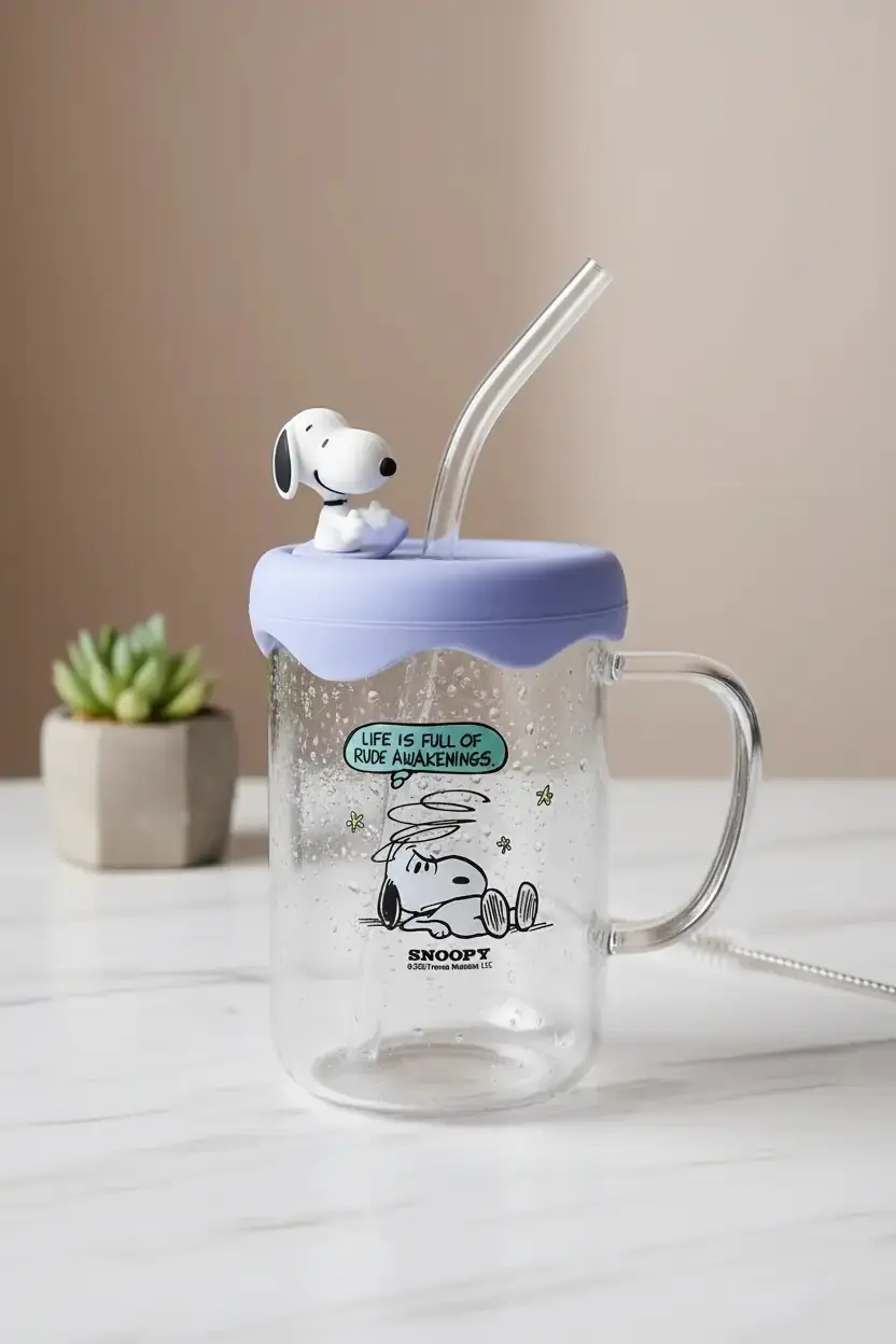 Snoopy Lisanslı Vintage Koleksiyonu Silikon Kapaklı Borosilikat Bardak – Figürlü Cam Kupa 500 Ml