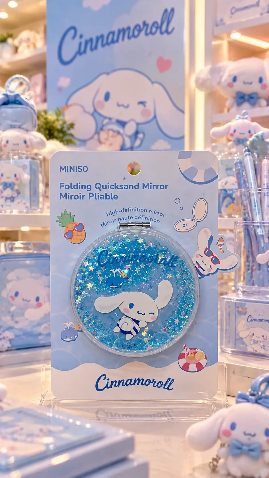 Sanrio Lisanslı Cinnamoroll Katlanabilir Simli Sıvılı Ayna – 2X Büyütme