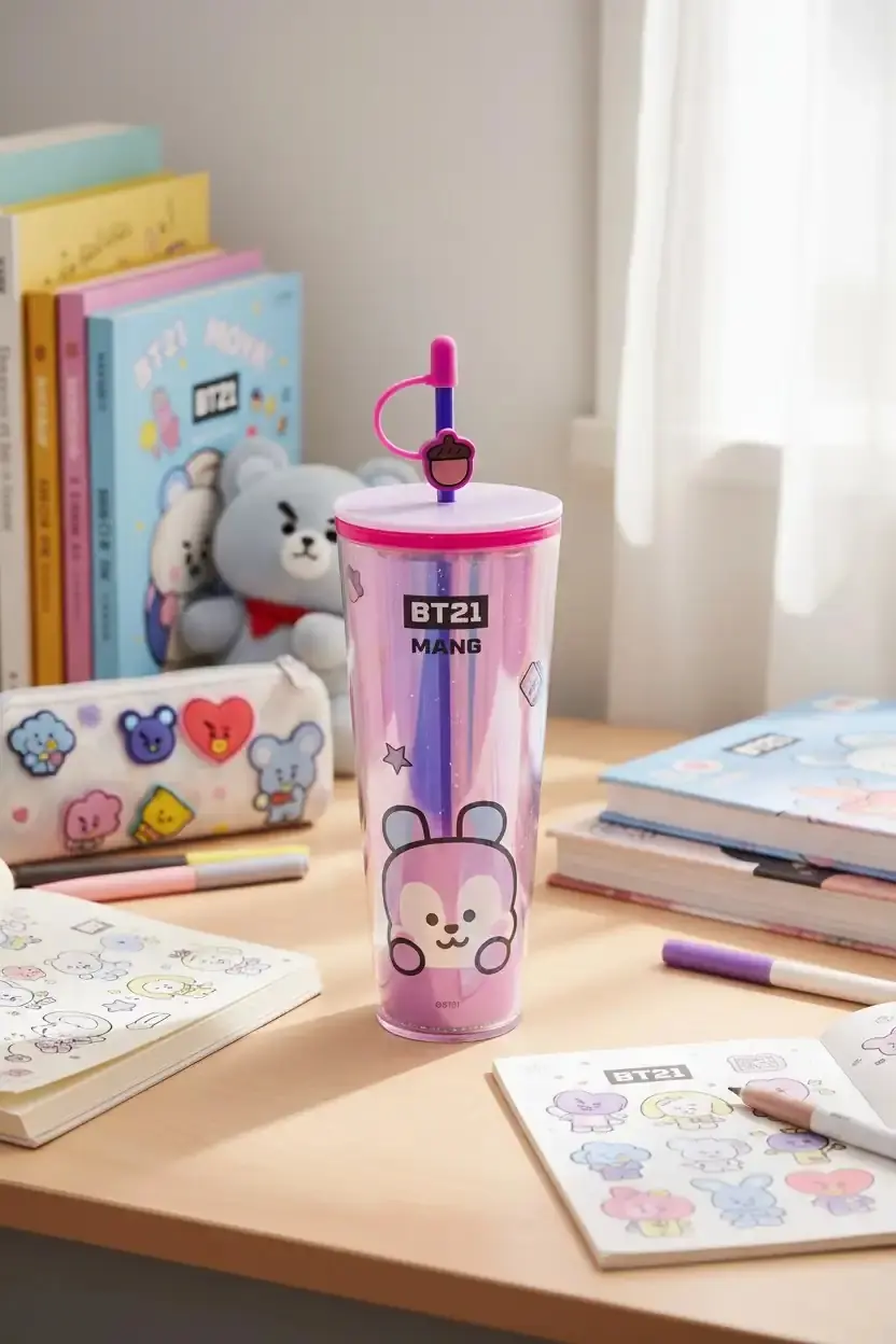 BT21 Lisanslı Mang Çift Cidarlı Pipetli Şişe – Holografik Tasarım Soğuk İçecek Matarası 800 Ml
