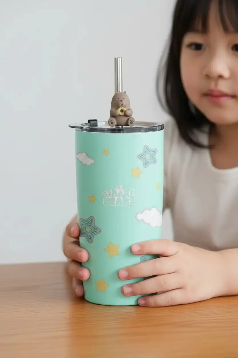 We Bare Bears Lisanslı Boz Ayı Pipetli Termos – Paslanmaz Çelik Sızdırmaz Matara 530 ML