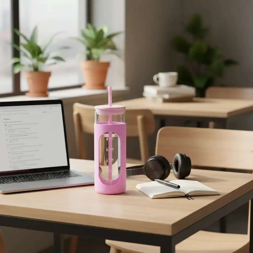 Miniso Lisanslı Silikon Kılıflı Pipetli Borosilikat Cam Şişe - Pembe (475 ml)