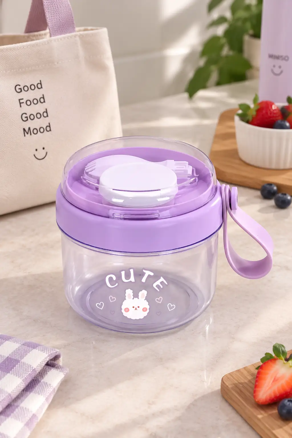 Miniso Lisanslı Cute Tavşan Desenli Çatal Bıçak Takımlı Saklama Kabı 650 mL Beslenme Çantası