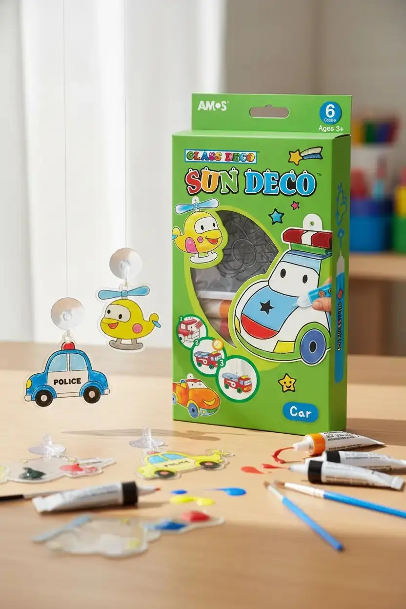 Amos Cam Boyama Seti Sun Deco Arabalar – Çocuklar İçin Çıkarılabilir Sticker Aktivite Seti