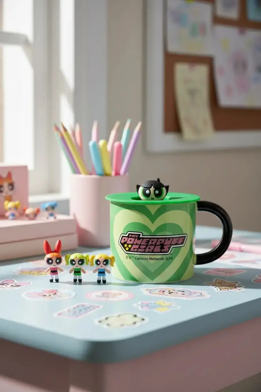 Powerpuff Girls Lisanslı Buttercup Kapaklı Seramik Bardak Yeşil 340 mL 8 Cm