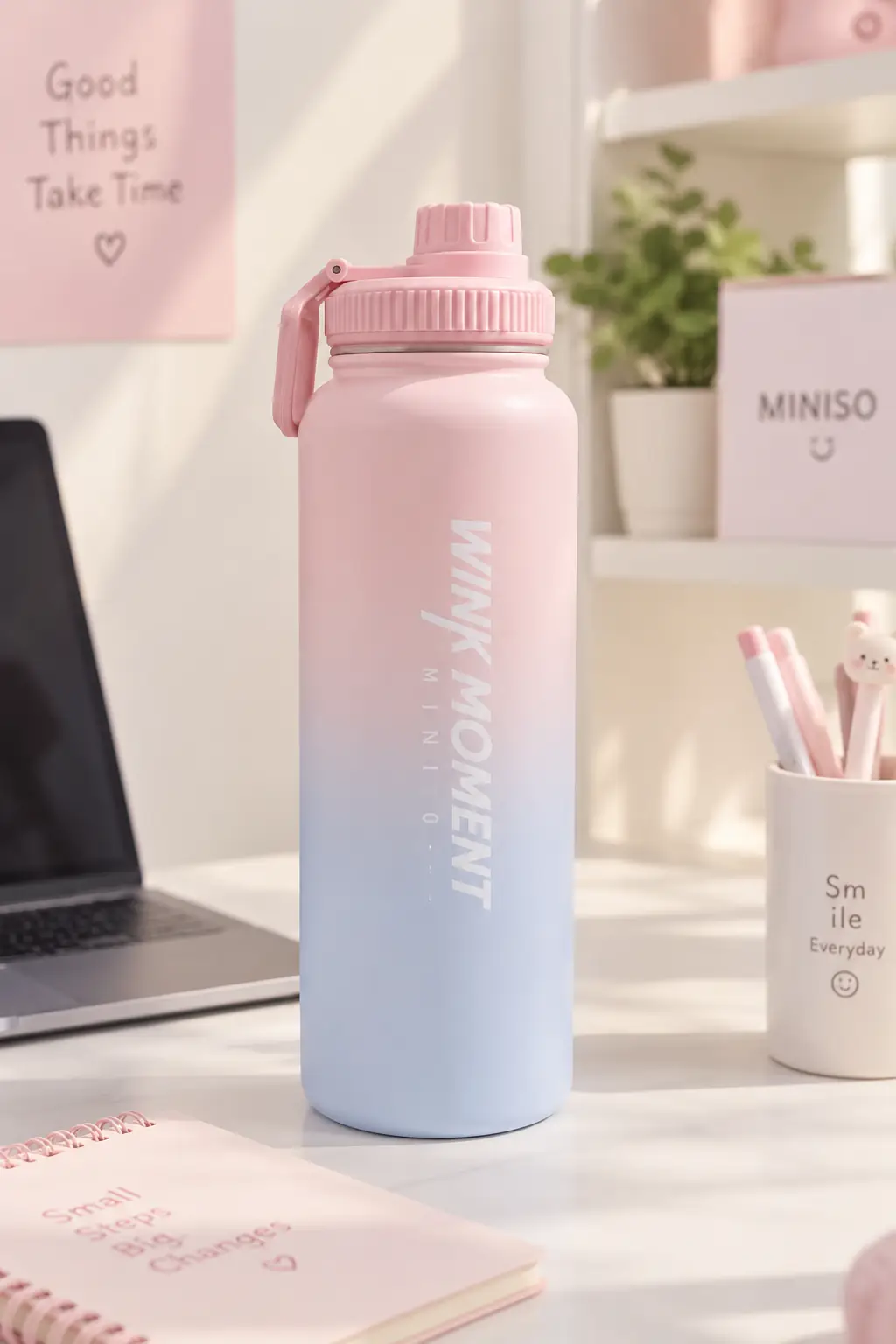 Miniso Lisanslı Pembe Mavi Gradyan Termos 950 mL – Tutacaklı Tasarım