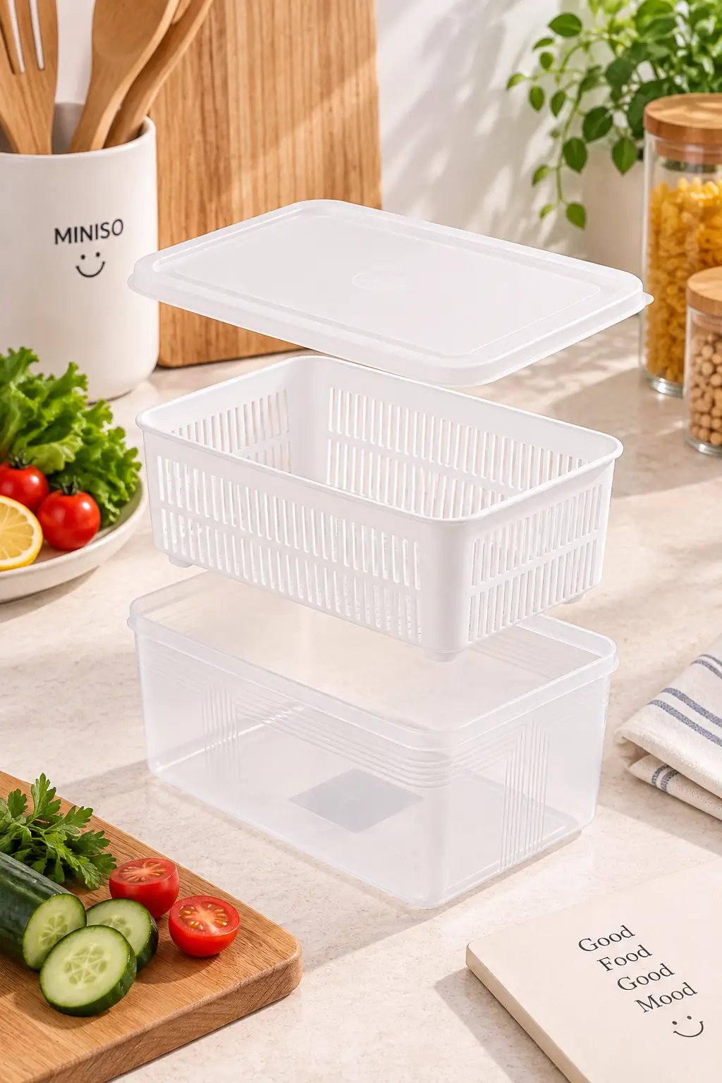 Miniso Lisanslı Süzgeçli Gıda Saklama Kutusu 3000 ml – Kapaklı 20,5 Cm Tasarım