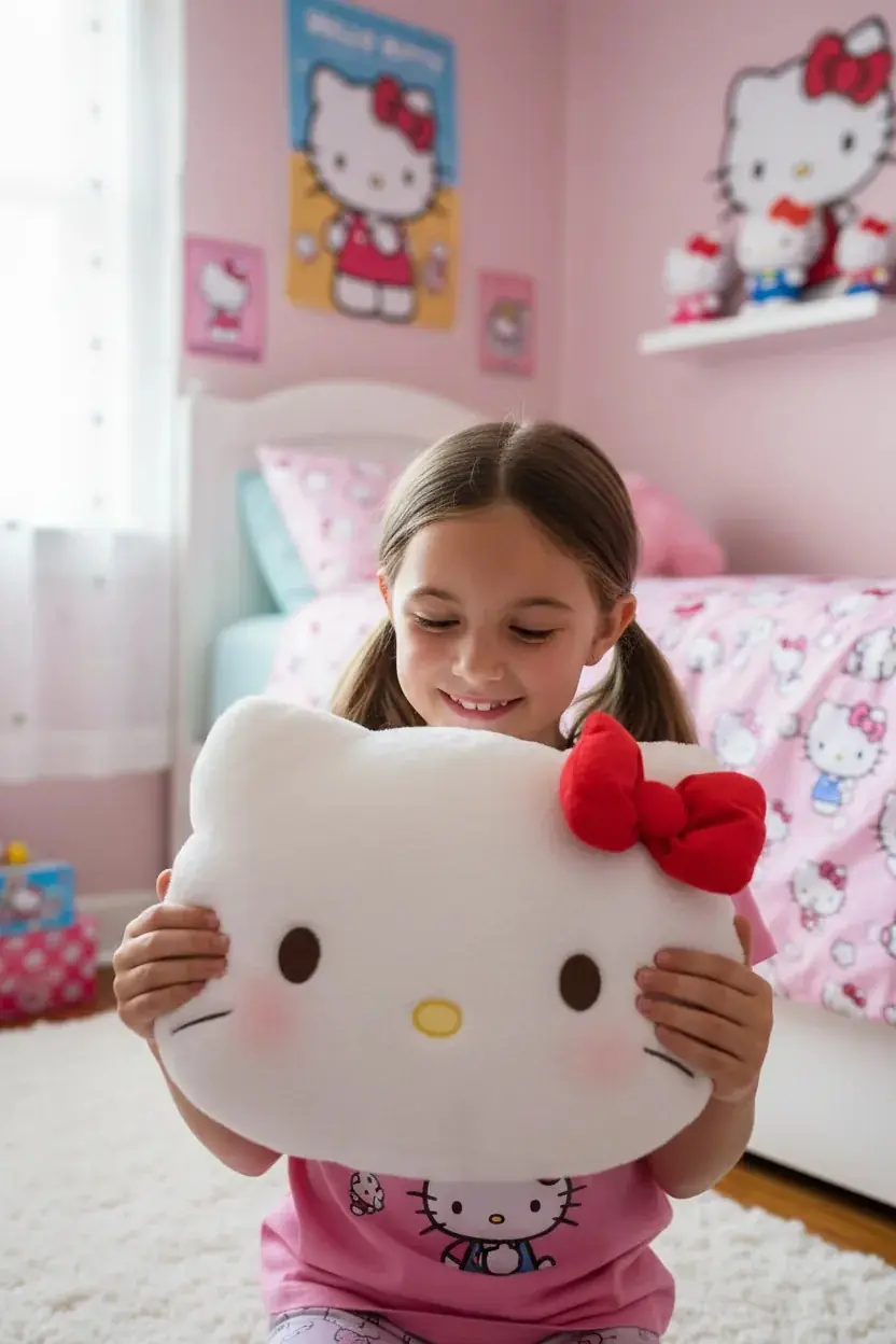 Sanrio Lisanslı Hello Kitty Yastık 38 Cm – Çilek Serisi Baş Şekilli