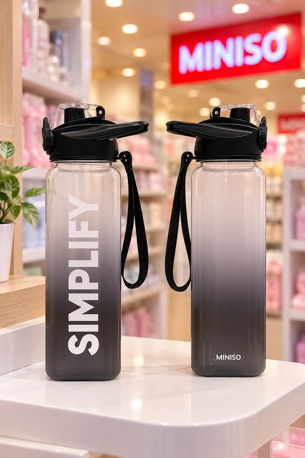 Miniso Lisanslı Tek Dokunuşlu Plastik Şişe 1000 ml – Siyah Beyaz Geçişli