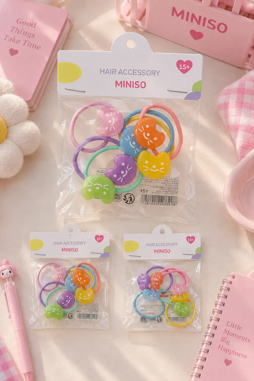 Miniso Lisanslı Çantalı Seri Saç Lastiği Seti – 6 Adet – Renkli Figürlü & Düzenleyici Çantalı