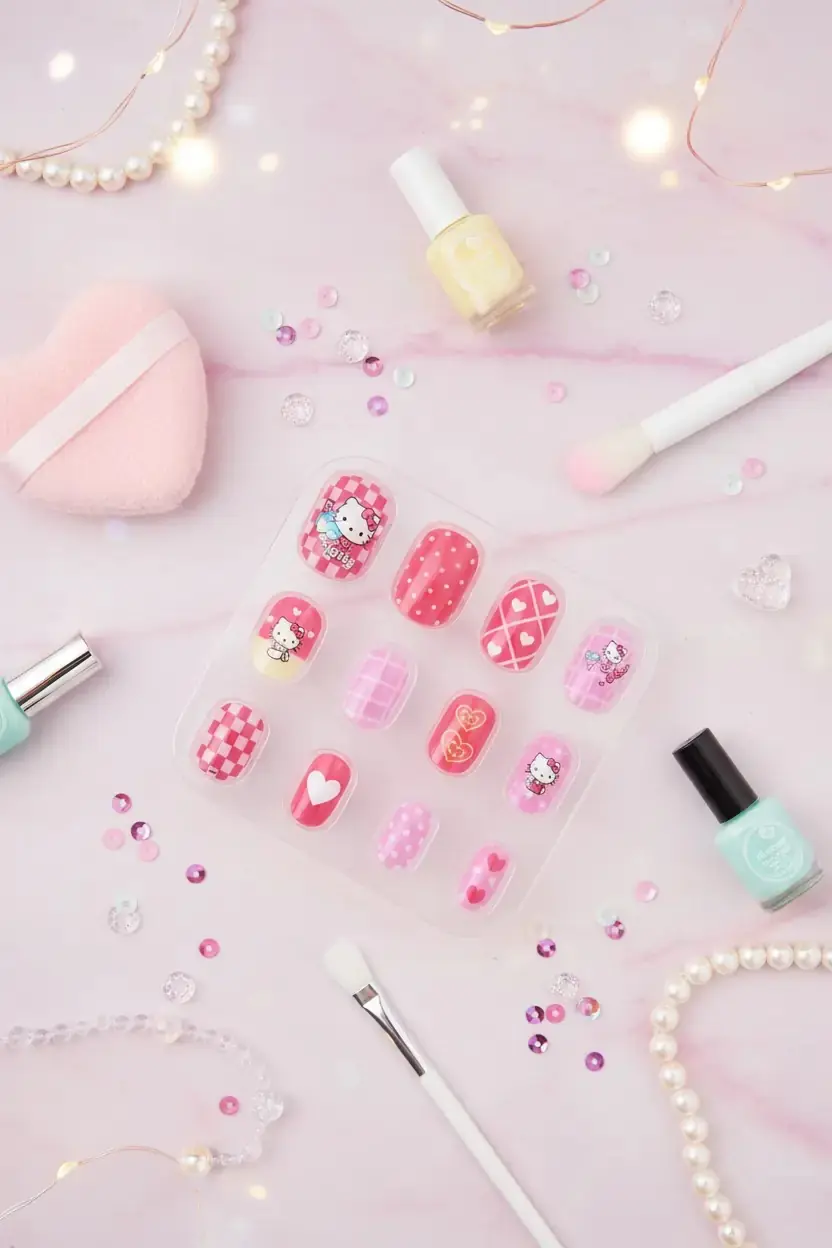 Sanrio Lisanslı Hello Kitty Jöle Yapışkanlı Takma Tırnak Seti Kırmızı – Şeritli Enerjik Tasarım