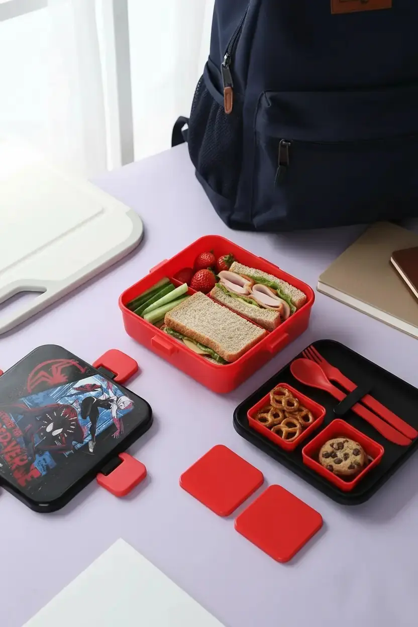 Marvel Lisanslı Spider-Man Kare Yemek Kutusu 1200 mL – Bölmeli ve Çatal Kaşıklı Tasarım