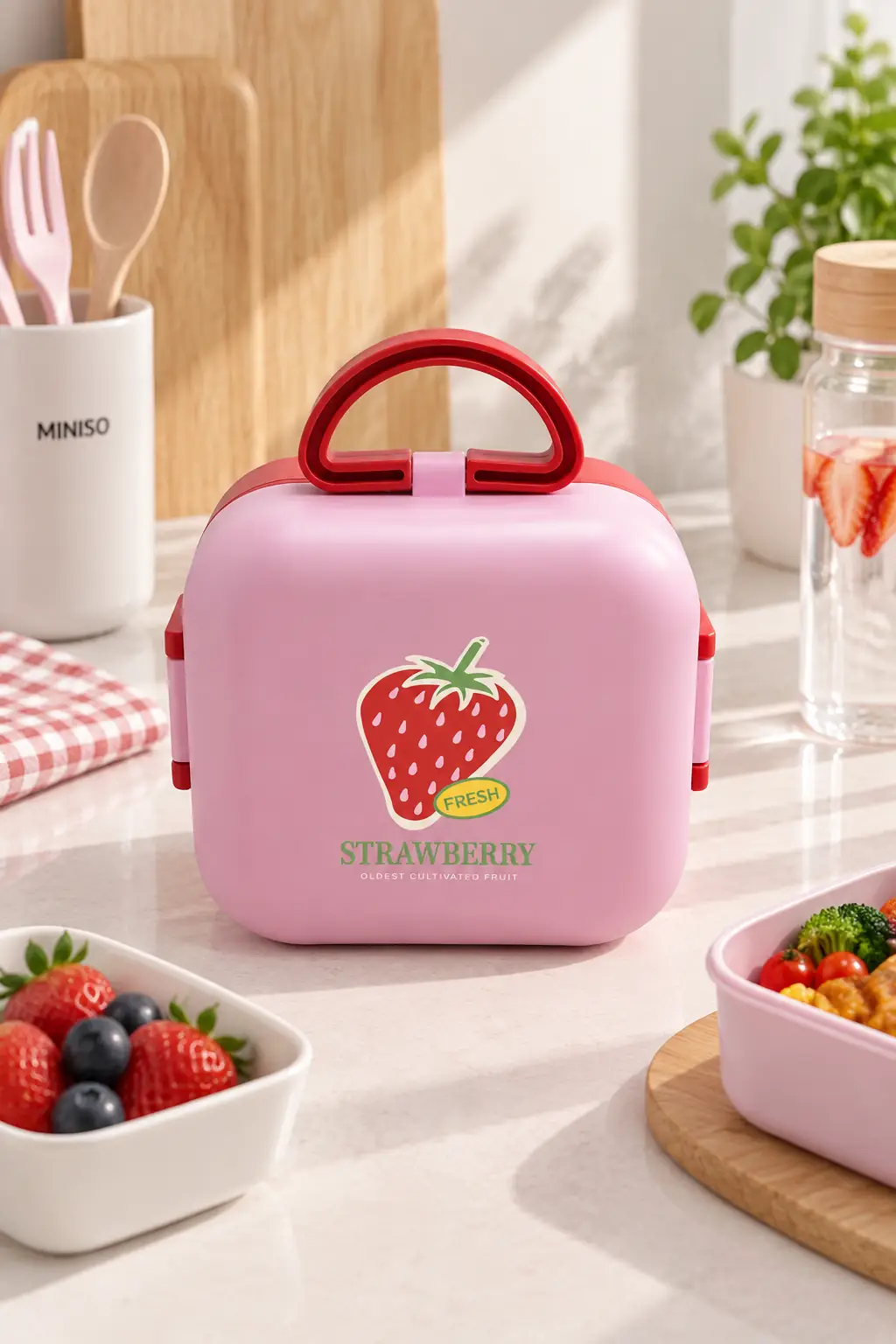 Miniso Lisanslı Çilek Serisi Saplı Öğle Yemeği Kutusu 1150 Ml