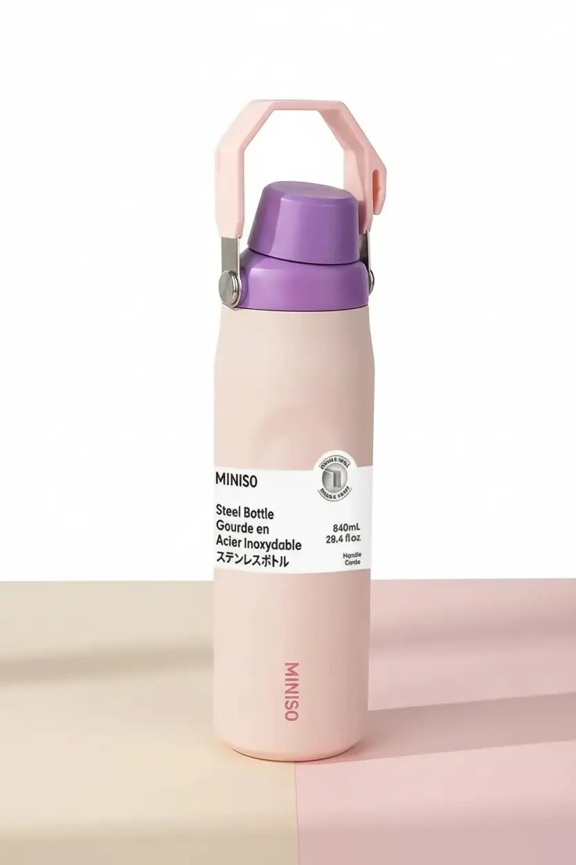 Miniso Lisanslı Saplı Paslanmaz Çelik Şişe 840 mL – Çift Katmanlı Pembe